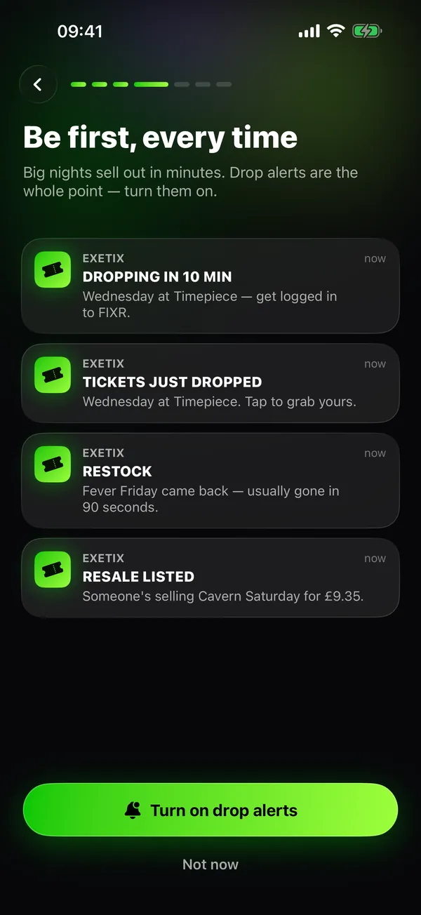 The ExeTix app: drop alerts for Timepiece, Fever and Cavern landing as notifications